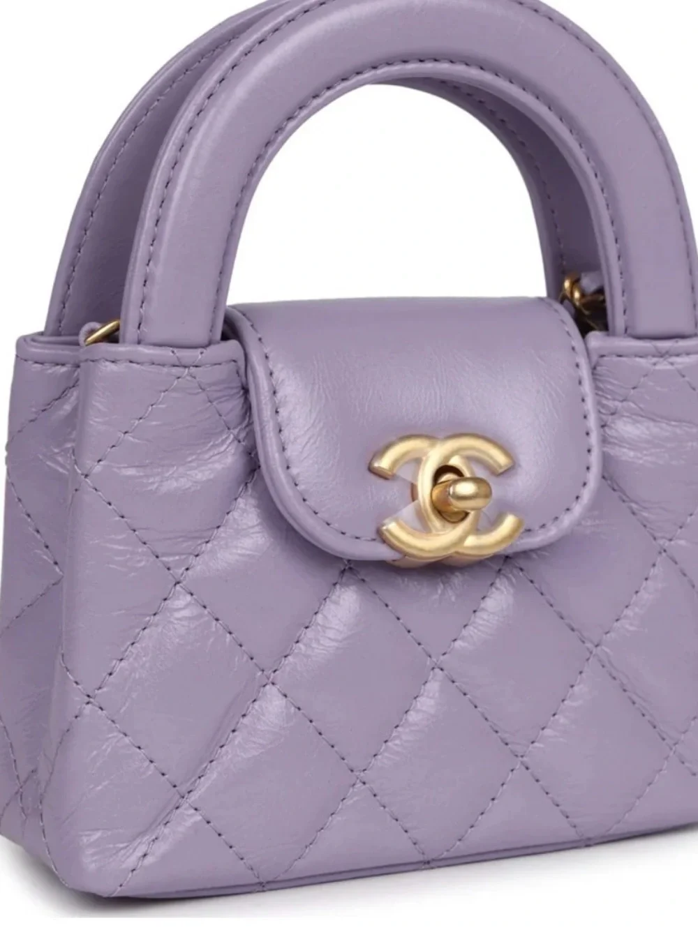 CHANEL 2025 Nano Kelly NWTs Lavender Quilted Mini Top Handle Bag with Gold CC
